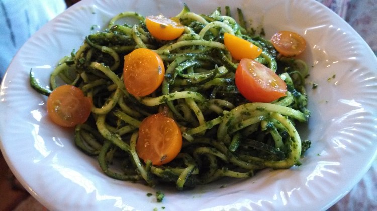 Zucchini pasta w/ pesto and cherry tomatoes