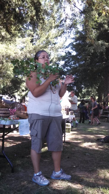 Here Corine shocks the audience by wielding a branch of poison oak and discussing it's many native uses and beneficial properties.